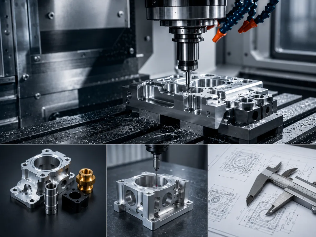 Five-axis milling of an aluminium housing, alongside finished machined parts and a caliper on a technical drawing.