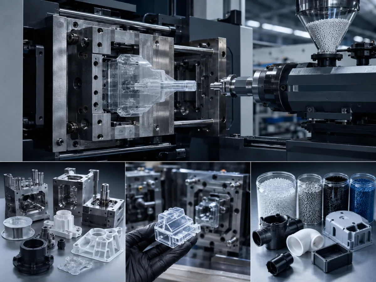 An open injection mould with granulate feeding the machine, and moulded plastic parts.