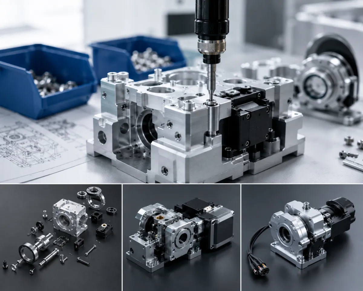 Mechanical assembly of a gearbox on the bench, with components laid out and finished units.