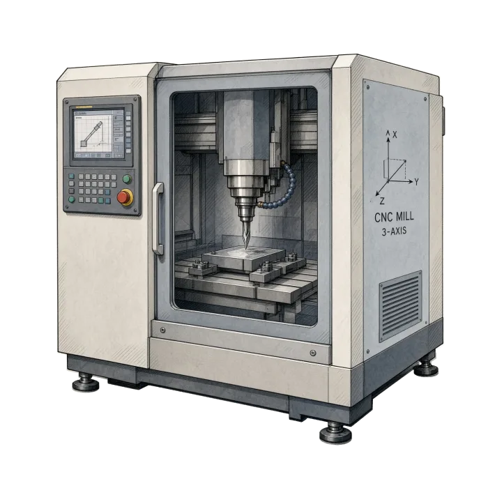 Illustration of a 3-axis CNC milling machine with its enclosure open, the spindle cutting a part clamped on the table.
